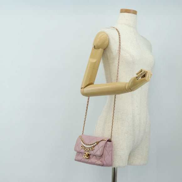 CHANEL Chain Mini Matelasse 18 Bag Lamb Skin Pink Gold CC Auth 181669SAM
