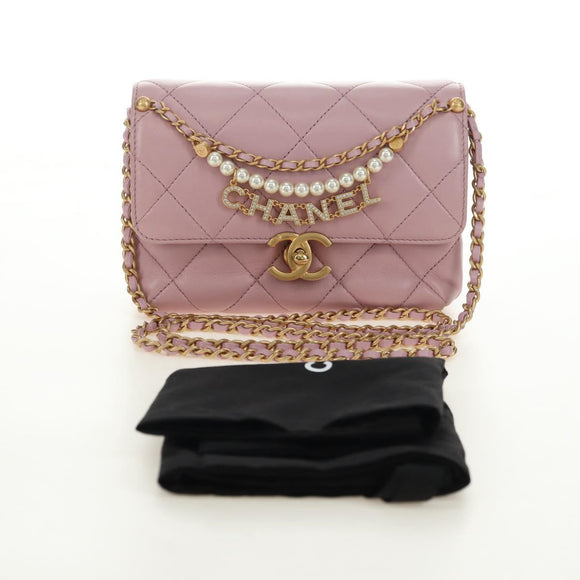 CHANEL Chain Mini Matelasse 18 Bag Lamb Skin Pink Gold CC Auth 181669SAM