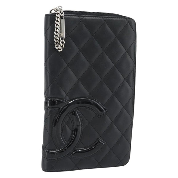 CHANEL Matelasse Cambon Line Long Wallet Leather Black Silver CC Auth 181675V