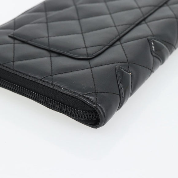 CHANEL Matelasse Cambon Line Long Wallet Leather Black Silver CC Auth 181675V