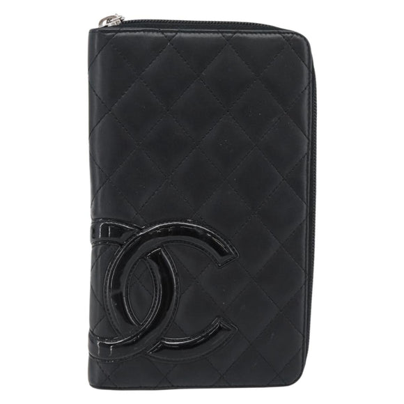 CHANEL Matelasse Cambon Line Long Wallet Leather Black Silver CC Auth 181675V