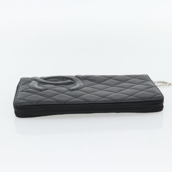 CHANEL Matelasse Cambon Line Long Wallet Leather Black Silver CC Auth 181675V