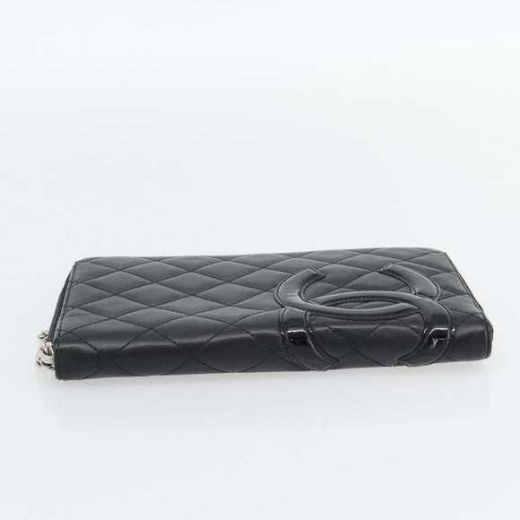 CHANEL Matelasse Cambon Line Long Wallet Leather Black Silver CC Auth 181675V
