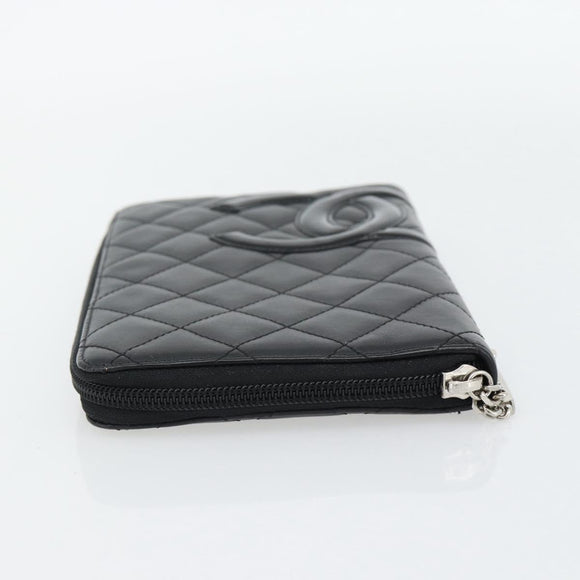 CHANEL Matelasse Cambon Line Long Wallet Leather Black Silver CC Auth 181675V