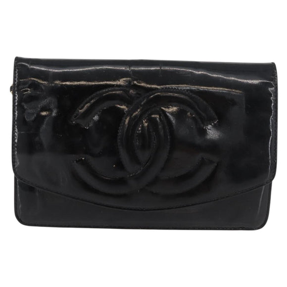 CHANEL COCO Mark Chain Shoulder Bag Patent leather Black Gold CC Auth 181676A