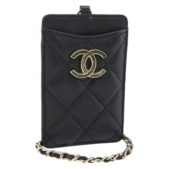 CHANEL Matelasse Chain Card Case Lamb Skin Black Gold CC Auth 181678A