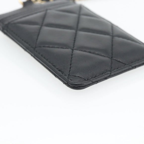 CHANEL Matelasse Chain Card Case Lamb Skin Black Gold CC Auth 181678A
