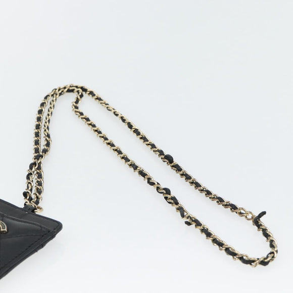 CHANEL Matelasse Chain Card Case Lamb Skin Black Gold CC Auth 181678A