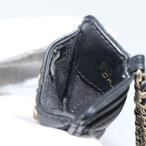 CHANEL Matelasse Chain Card Case Lamb Skin Black Gold CC Auth 181678A