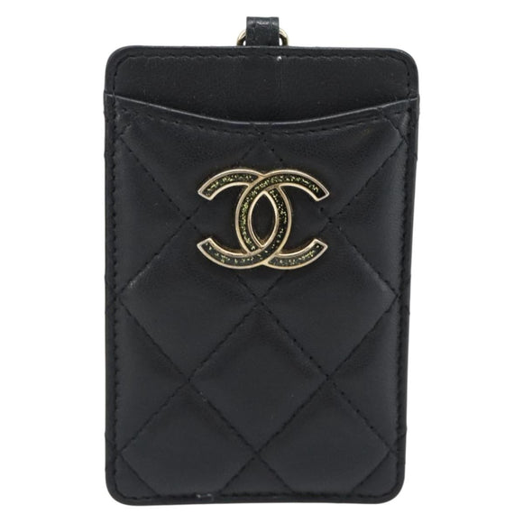 CHANEL Matelasse Chain Card Case Lamb Skin Black Gold CC Auth 181678A