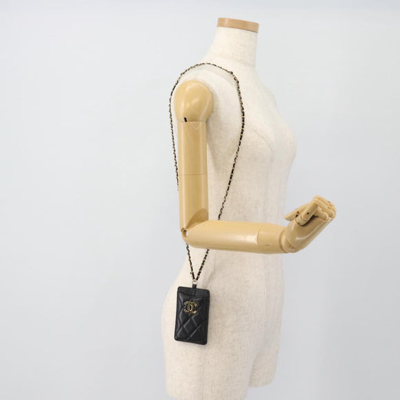 CHANEL Matelasse Chain Card Case Lamb Skin Black Gold CC Auth 181678A
