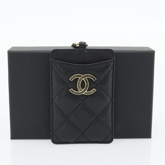 CHANEL Matelasse Chain Card Case Lamb Skin Black Gold CC Auth 181678A