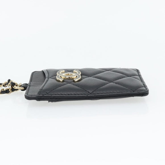 CHANEL Matelasse Chain Card Case Lamb Skin Black Gold CC Auth 181678A