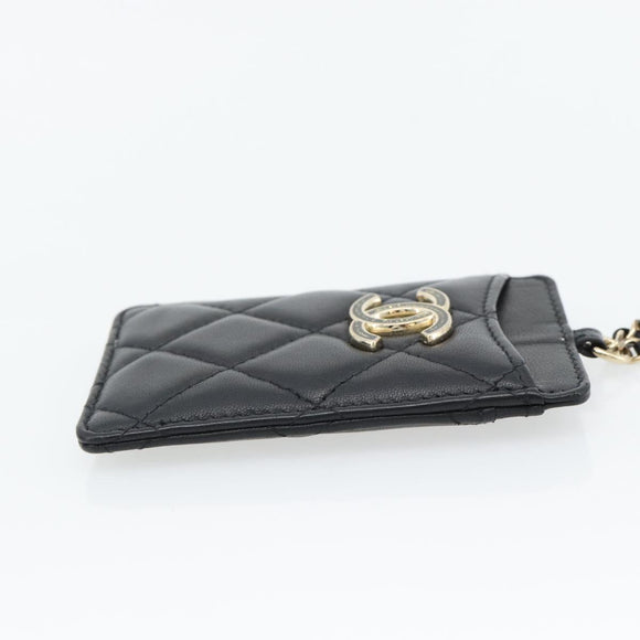 CHANEL Matelasse Chain Card Case Lamb Skin Black Gold CC Auth 181678A