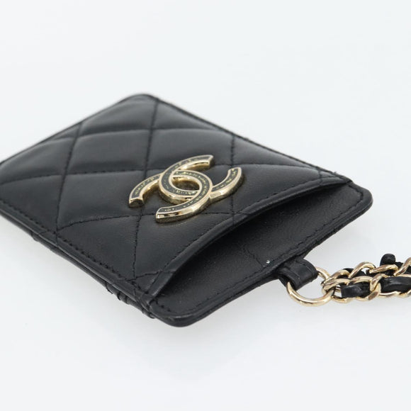 CHANEL Matelasse Chain Card Case Lamb Skin Black Gold CC Auth 181678A