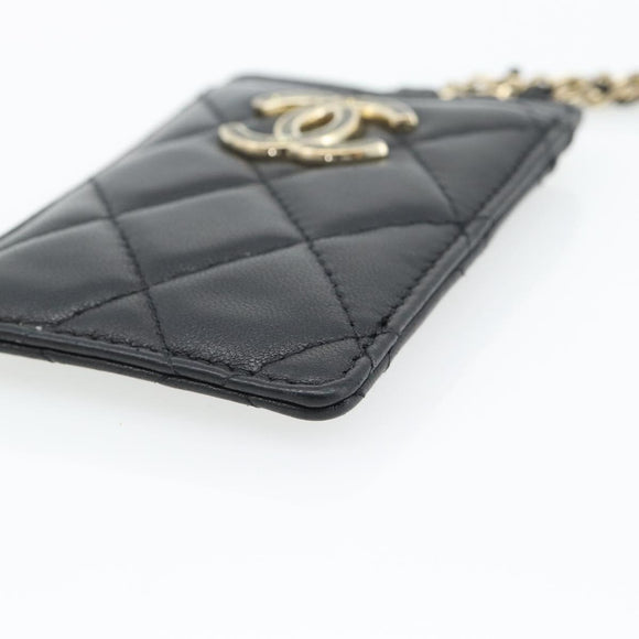 CHANEL Matelasse Chain Card Case Lamb Skin Black Gold CC Auth 181678A
