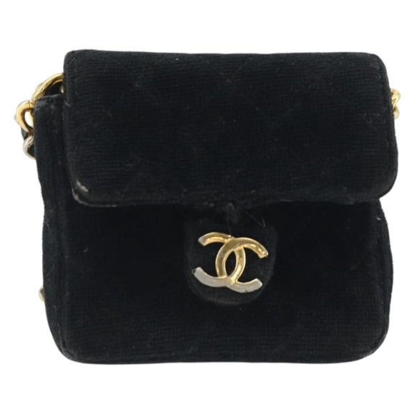 CHANEL Mini Matelasse Neck Pouch Velor Black Gold CC Auth 181680