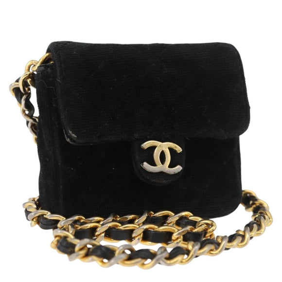 CHANEL Mini Matelassé Halsbeutel Velours Schwarz Gold CC Auth 181680A