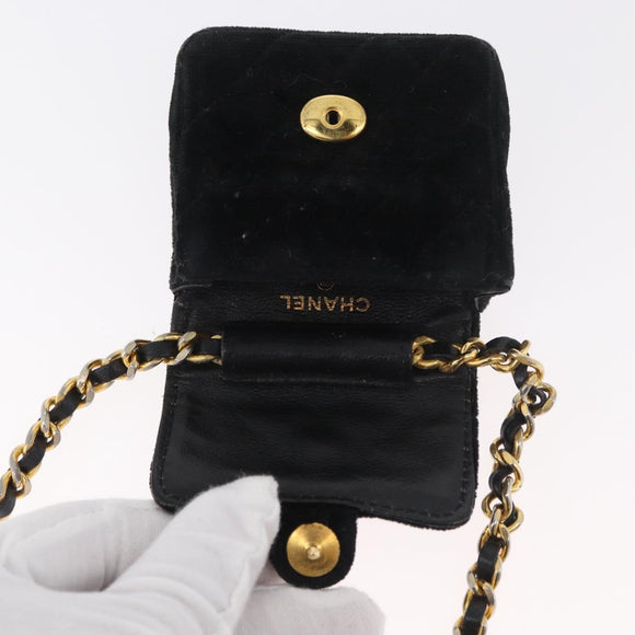 CHANEL Mini Matelassé Halsbeutel Velours Schwarz Gold CC Auth 181680A