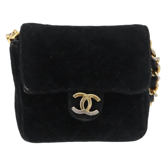 CHANEL Mini Matelassé Halsbeutel Velours Schwarz Gold CC Auth 181680A