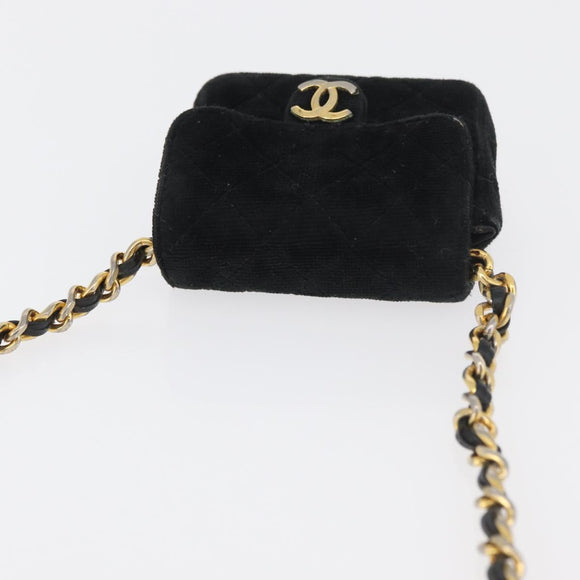 CHANEL Mini Matelassé Halsbeutel Velours Schwarz Gold CC Auth 181680A
