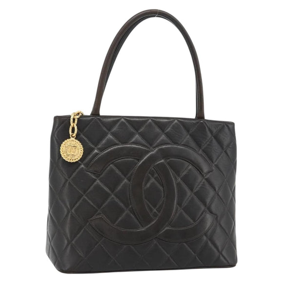CHANEL Matelasse Reprint Tote Bag Lamb Skin Black Gold CC Auth 181711A