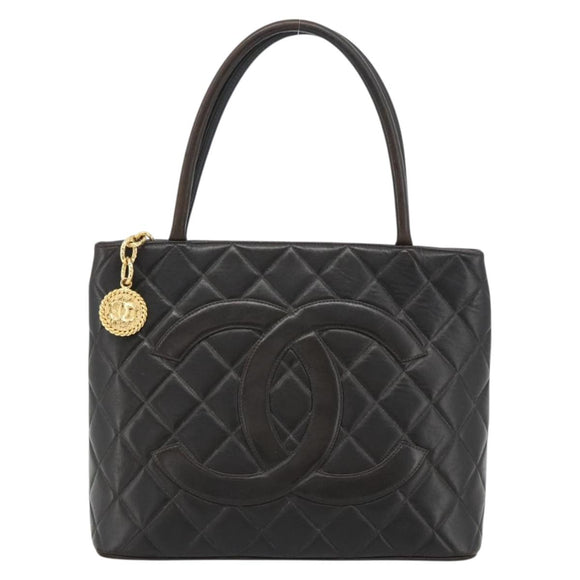 CHANEL Matelasse Reprint Tote Bag Lamb Skin Black Gold CC Auth 181711A