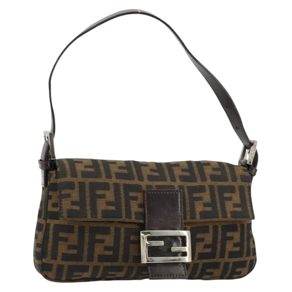 FENDI Zucca Canvas Mamma Baguette Shoulder Bag Black Brown Auth 181715V
