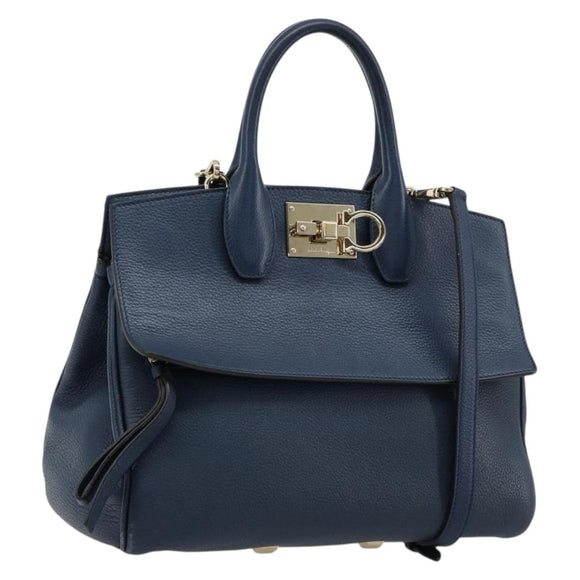 Salvatore Ferragamo Studio Hand Bag Leather 2way Blue Gold Auth 181716A