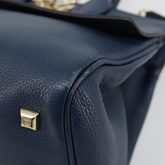 Salvatore Ferragamo Studio Hand Bag Leather 2way Blue Gold Auth 181716A