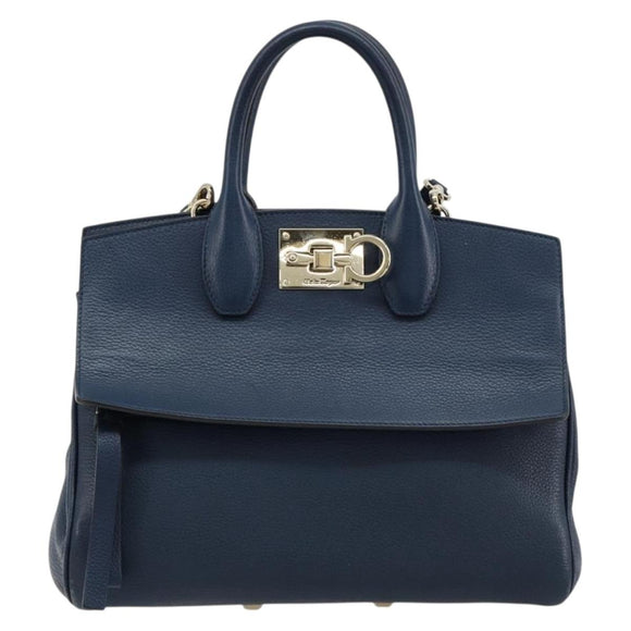 Salvatore Ferragamo Studio Hand Bag Leather 2way Blue Gold Auth 181716A