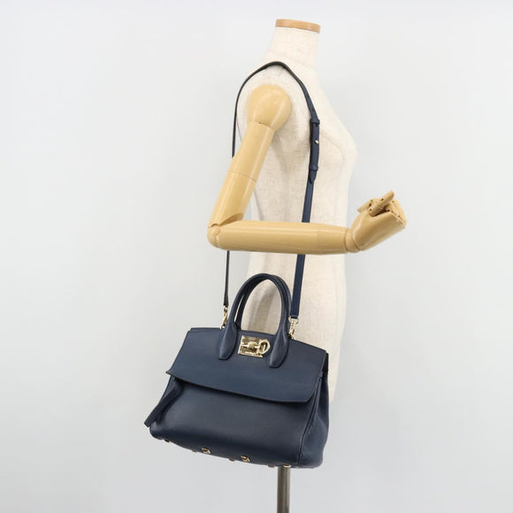 Salvatore Ferragamo Studio Hand Bag Leather 2way Blue Gold Auth 181716A