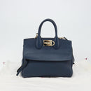 Salvatore Ferragamo Studio Hand Bag Leather 2way Blue Gold Auth 181716A-26