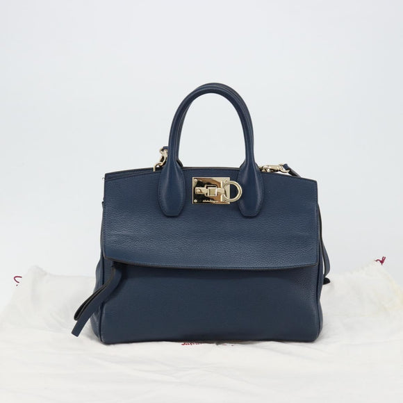 Salvatore Ferragamo Studio Hand Bag Leather 2way Blue Gold Auth 181716A