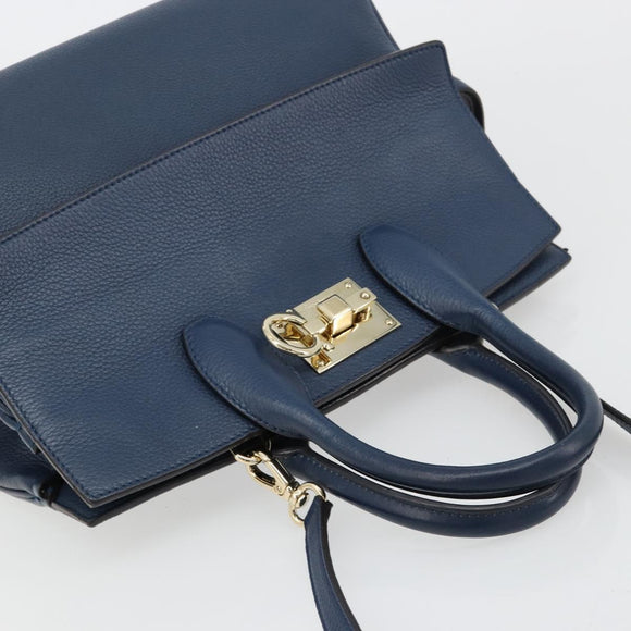 Salvatore Ferragamo Studio Hand Bag Leather 2way Blue Gold Auth 181716A