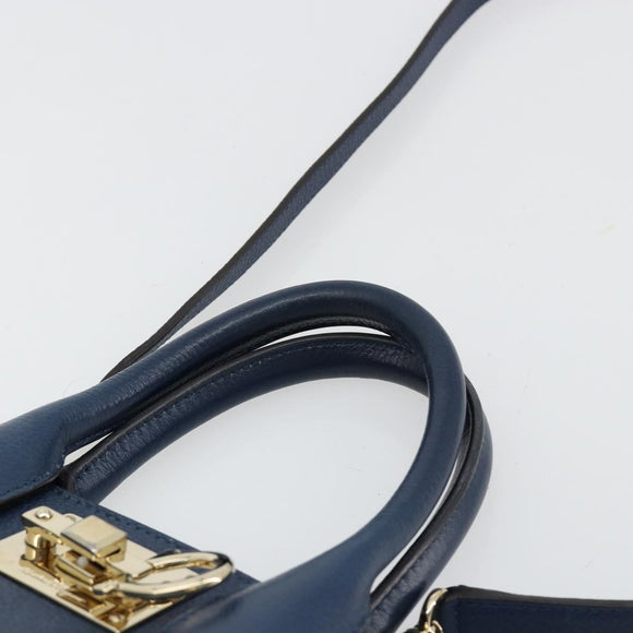 Salvatore Ferragamo Studio Hand Bag Leather 2way Blue Gold Auth 181716A