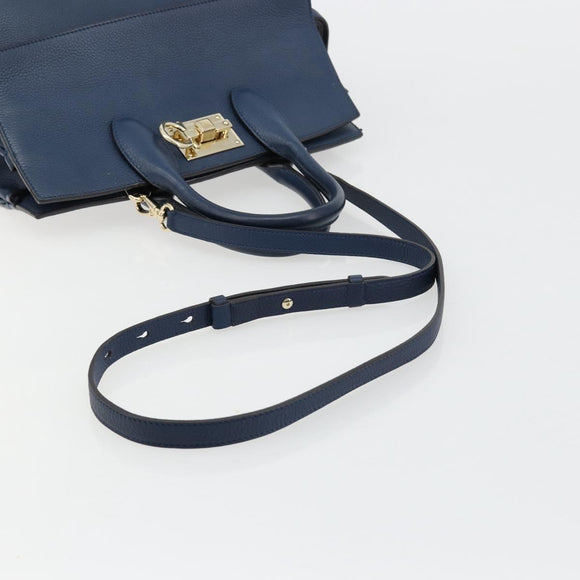 Salvatore Ferragamo Studio Hand Bag Leather 2way Blue Gold Auth 181716A