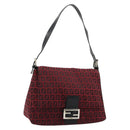 FENDI Zucchino Canvas Mamma Baguette Shoulder Bag Red Silver Auth 181719V-1