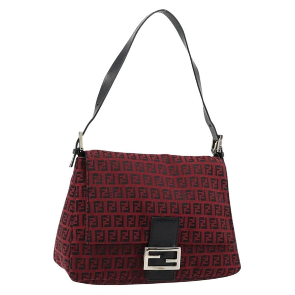 FENDI Zucchino Canvas Mamma Baguette Shoulder Bag Red Silver Auth 181719V