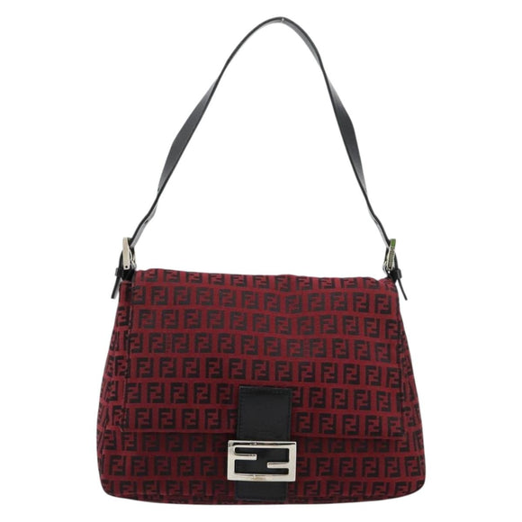 FENDI Zucchino Canvas Mamma Baguette Shoulder Bag Red Silver Auth 181719V