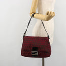 FENDI Zucchino Canvas Mamma Baguette Shoulder Bag Red Silver Auth 181719V-25