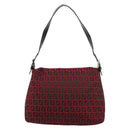 FENDI Zucchino Canvas Mamma Baguette Shoulder Bag Red Silver Auth 181719V-2