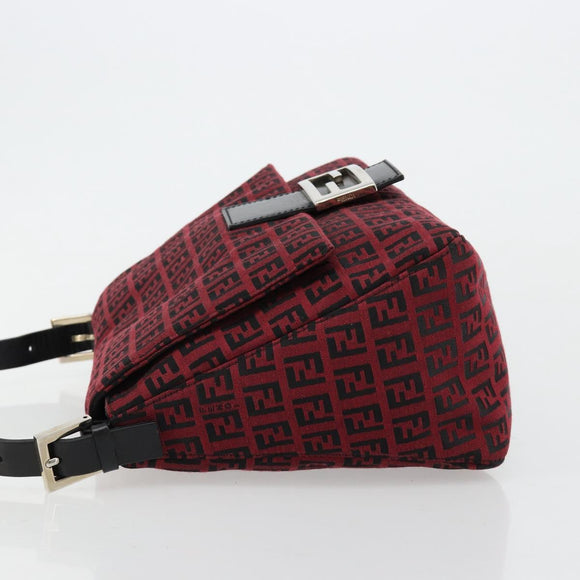 FENDI Zucchino Canvas Mamma Baguette Shoulder Bag Red Silver Auth 181719V