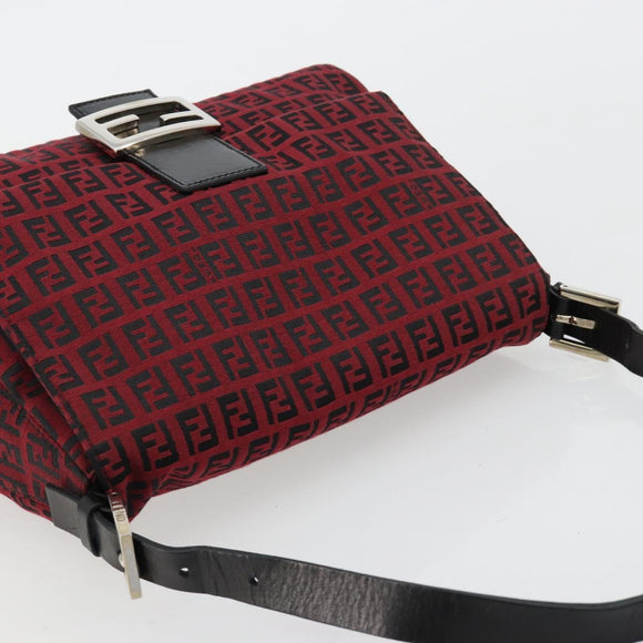 FENDI Zucchino Canvas Mamma Baguette Shoulder Bag Red Silver Auth 181719V