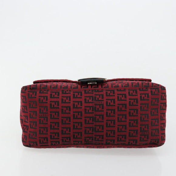 FENDI Zucchino Canvas Mamma Baguette Shoulder Bag Red Silver Auth 181719V
