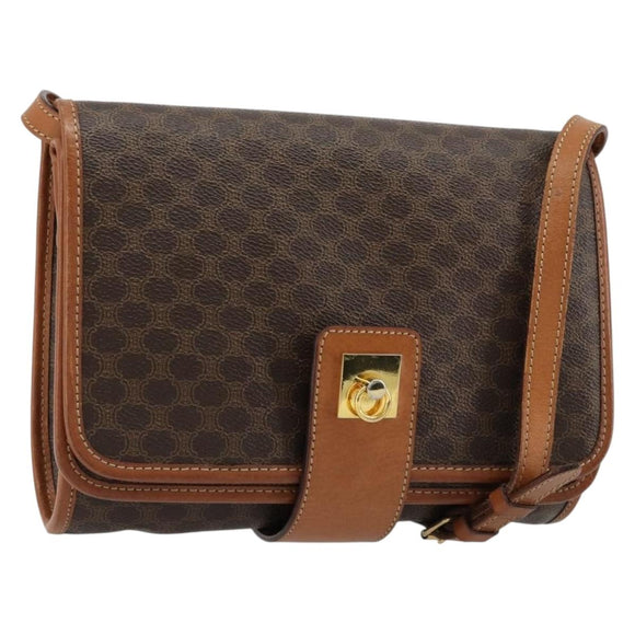 CELINE Macadam Canvas Shoulder Bag PVC Leather Brown Gold Auth 181724