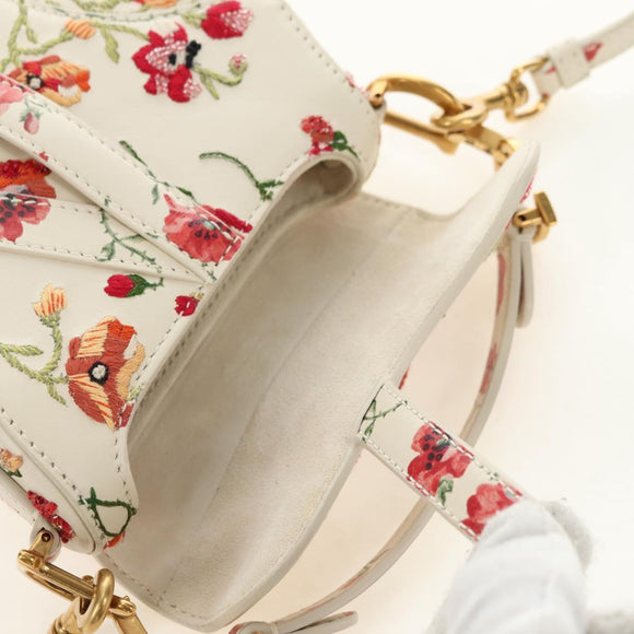 Christian Dior Saddle Shoulder Bag Leather 2way White Gold Auth 181753SAM