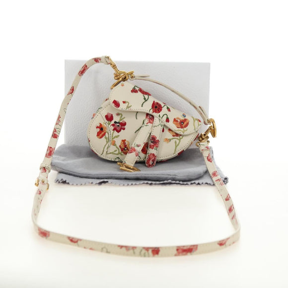 Christian Dior Saddle Shoulder Bag Leather 2way White Gold Auth 181753SAM