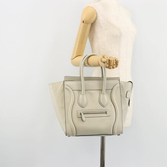 CELINE Luggage Micro Shopper Hand Bag Leather Ivory Silver Auth 181757M