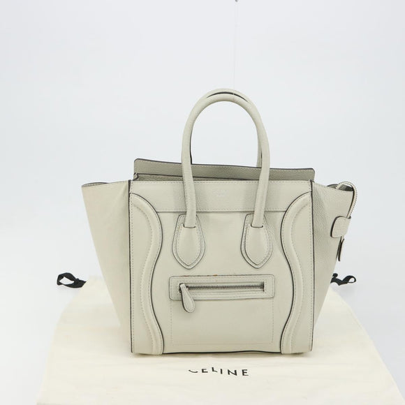 CELINE Luggage Micro Shopper Hand Bag Leather Ivory Silver Auth 181757M